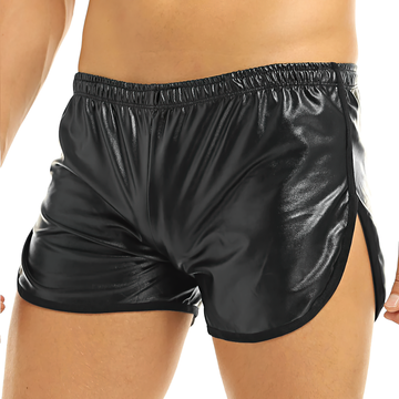Men's Faux Leather Black Shorts / Glossy Slim Fit Sexy Clubwear / Fitness Pants with Back Pocket - EVE's SECRETS